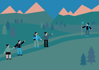 Flat vector illustration of people climb the mountains with guide who stand on top and wait with flag. Hill trip. Summer landscape background with someone conquer the peak. Poster in minimal style.