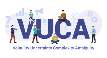 vuca volatility uncertainty complexity ambiguity concept with big word or text and team people with modern flat style - vector