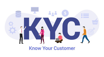 kyc know your customer concept with big word or text and team people with modern flat style - vector