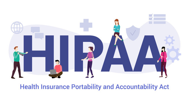 hipaa health insurance portability and accountability act concept with big word or text and team people with modern flat style - vector
