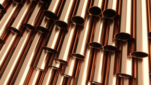 Set of copper pipes lying in one heap, 3D. 