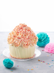 Birthday Rose cake cupcake on a light background banner with text space. Celebration concept. Romantic, Valentine's, Mother's Day Background.