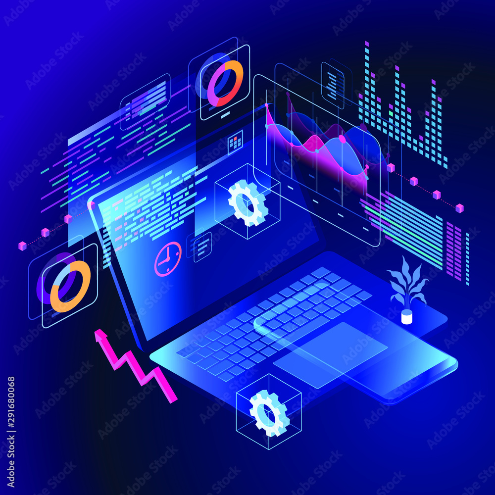 Poster а team of people build a chart and graphs. concept of the idea of innovative data analysis. data ana