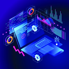 А team of people build a chart and graphs. Concept of the idea of innovative data analysis. Data analysis. Page template. 3d isometric illustration