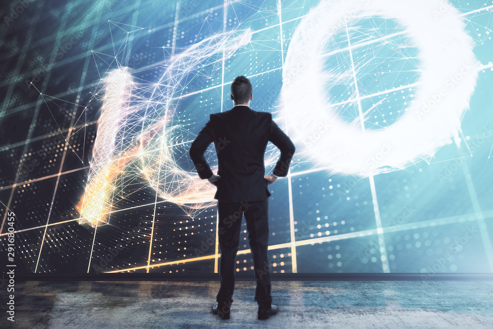 Poster man and blockchain theme hologram. multi exposure. concept of cryptocurrency