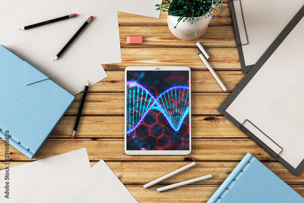 Poster digital tablet closeup top view with dna pic on screen. education concept. 3d rendering.