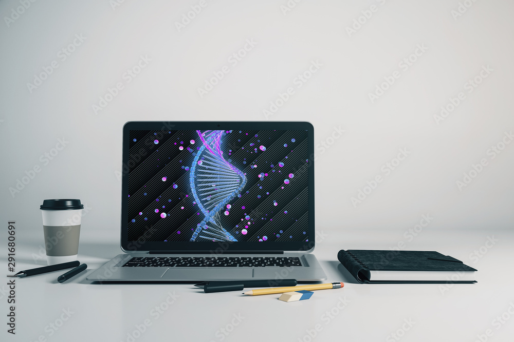 Poster laptop closeup with dna drawing on computer screen. education concept. 3d rendering.