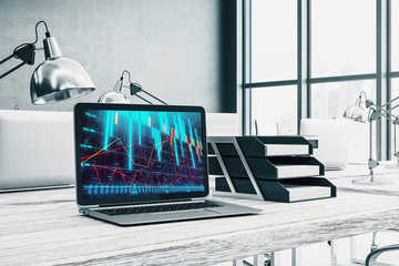 Cabinet desktop interior with financial charts and graphs on computer screen. Concept of stock market analysis and trading. 3d rendering.