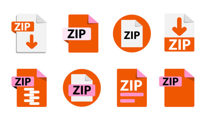 Collection of vector icons ZIP. File format extensions icons. 8 different design options. Circle buttons. flat design style © kornetka