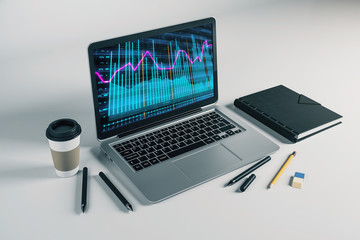 Laptop closeup with forex graph on computer screen. Financial trading and education concept. 3d rendering.