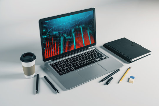 Laptop closeup with forex graph on computer screen. Financial trading and education concept. 3d rendering. - Powered by Adobe