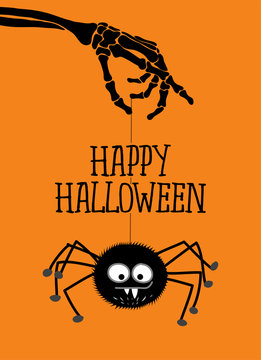 Happy halloween - cute spider hanging on skeleton arm. Retro badge. Hand drawn isolated emblem with quote. Halloween party sign/logo. scrap booking, posters, greeting cards, banners.