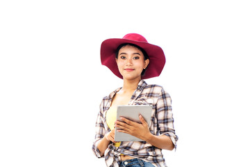 Beautiful Asian woman wearing a red hat, standing with a tablet, clipping path