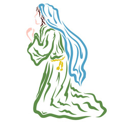 Biblical woman praying kneeling, Virgin Mary praying to God