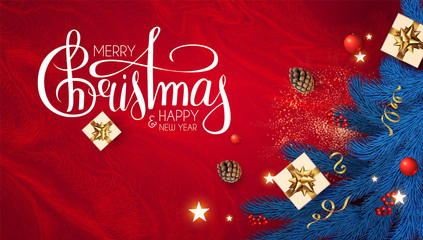 Merry Christmas and Happy New Year Holiday background with lettering, fir tree branches, snowflakes, gifts, cones red berries and balls. © feaspb