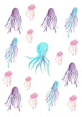Sea illustration of octopus and jellyfish.