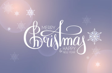 Merry Christmas Soft background with fireworks, lettering, bokeh and snowflakes.