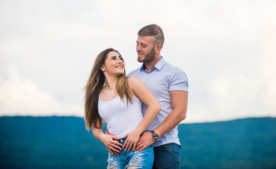 Cute and sweet relationship. Couple in love. Couple goals concept. Man and woman cuddle nature...