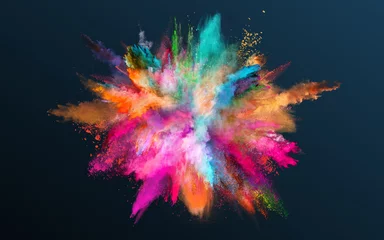Fotobehang Colored powder explosion on gradient dark background. Freeze motion. © Lukas Gojda