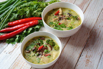 Traditional Thai cuisine, Thai Spicy Green curry chicken soup withcoconut milk, mushrooms and broccoli. Healthy food