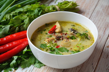 Traditional Thai cuisine, Thai Spicy Green curry chicken soup withcoconut milk, mushrooms and broccoli. Healthy food