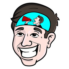 colored illustration of a laughing businessman with a man in his head holding a megaphone and calling estwas. Advertising, inner voice, belly feeling, comic, vector, emotions.