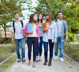Outdoor portrait of a group of students walking in the school park