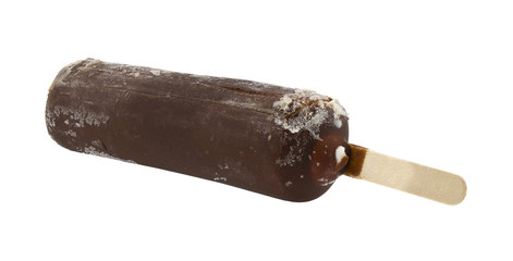 Chocolate ice cream in hoarfrost on wooden stick isolated on white background