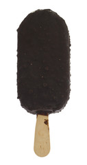 Chocolate ice cream on wooden stick isolated on white background