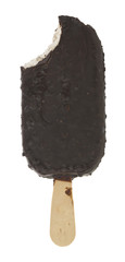 Chocolate ice cream on wooden stick isolated on white background