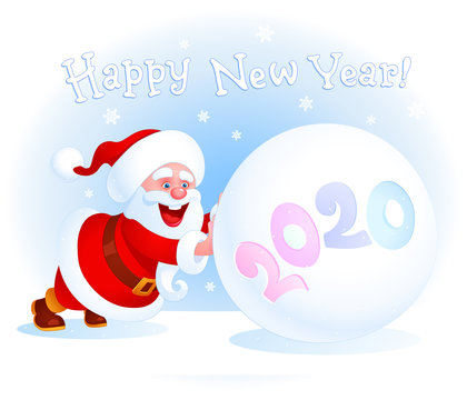 Cartoon toy Santa Claus pushes a huge snowball on a winter field. Embossed text 2020 is written on a snow ball. Vector sticker, wallpaper, banner, invitation card for New Year's events and Xmas sales