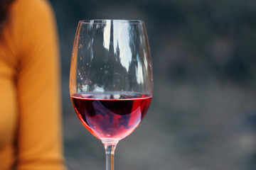 Wineglass with rose wine inside. Copy Space for Text.