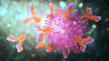 Fototapeta na wymiar Microbiology. Antibodies attack virus. 3d illustration