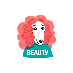 Happy cartoon puppy poodle portrait on white background. Dog beauty salon. Funny puppy character in the spa. Dog care, grooming, hygiene, health. Pet shop, accessories. Flat style vector illustration.