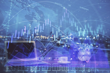 Forex market chart hologram and personal computer background. Multi exposure. Concept of investment.
