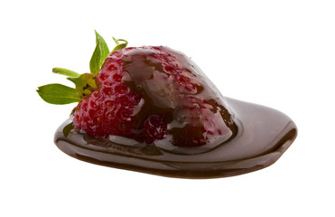 Red strawberry in chocolate isolated on white background