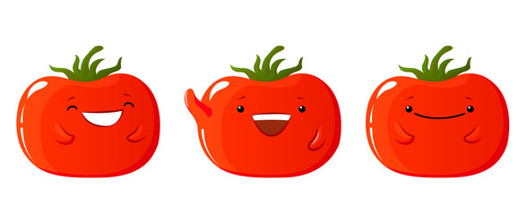 Tomato vector icons set, Emotion Variation. Cartoon style design elements. Collection of kawaii tomatoes. Illustration for halloween or sticker.