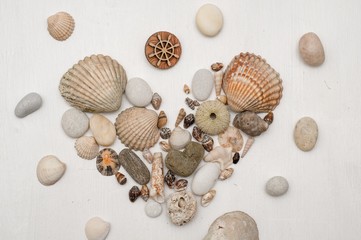 Shells and pebbles laid out in the form of a heart