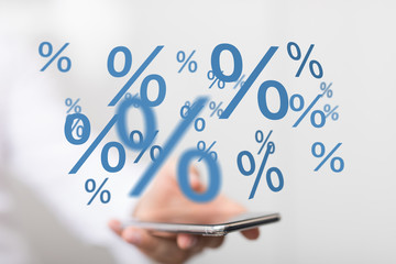 hand touches virtual percent icon