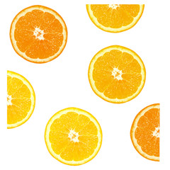 orange circles, slices and halves isolated on white. Background of half cut oranges.