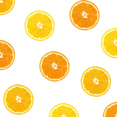 Background from oranges. Different color orange circles slices, quarters and halves isolated on white