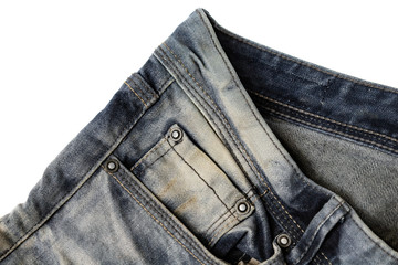 pocket of jeans and a pocket for small items, denim fabric texture with scuffs, aged denim
