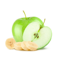 Isolated fruits. Green apples and bananas on white background.