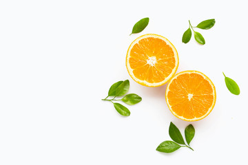 Fresh orange citrus fruit with leaves isolated on white background.