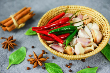 herbs and spices ingredients Thai Food Asian spicy soup with cinnamon star anise pepper seed vegetables basil leaf for red and green chilli garlic