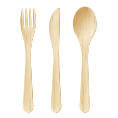 Wooden cutlery, disposable fork, spoon and knife isolated on white background Bamboo biodegradable table setting for food made of natural eco recycle reusable material Realistic 3d vector illustration