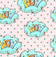 Comic speech bubble WOW seamless pattern on cute clouds. Vector bright cartoon illustration in retro pop art style on halftone background