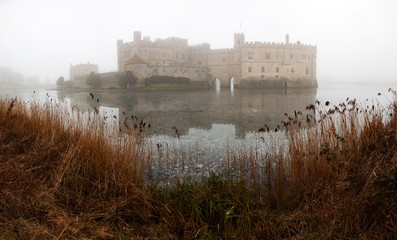 thick fog surrounding Leeds Castle and moat, England