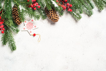 Fototapeta na wymiar Christmas background with fir tree and decorations on white bac
