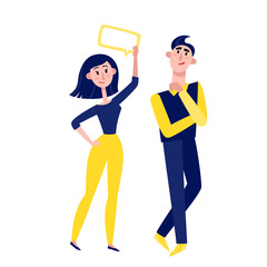 Thinking women and men standing isolated on white.